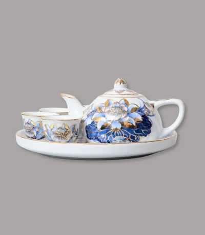 Bộ ấm chén men lam vẽ vàng cao cấp Bát Tràng - Gốm Chín