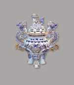 Đỉnh hạc men lam vẽ vàng cao cấp Bát Tràng - Gốm Chín