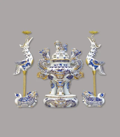 Đỉnh hạc men lam vẽ vàng cao cấp Bát Tràng - Gốm Chín