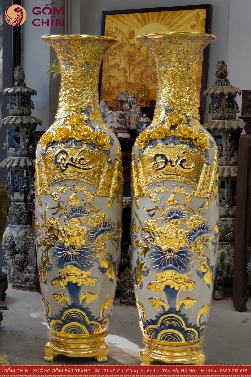 lộc bình Phúc Đức men rạn dát vàng Bát Trang - Gốm Chín
