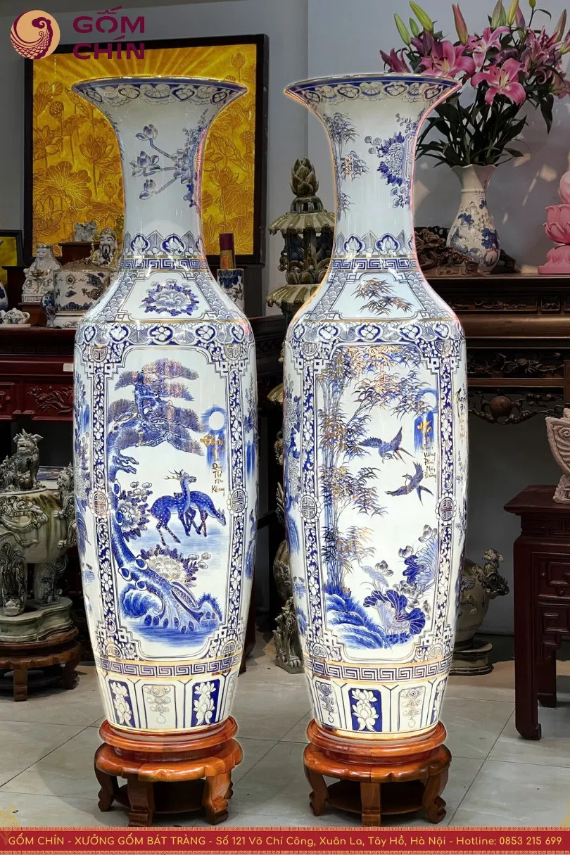 lộc bình Tứ Cảnh men lam vẽ vàng cao cấp Bát Tràng - Gốm Chín