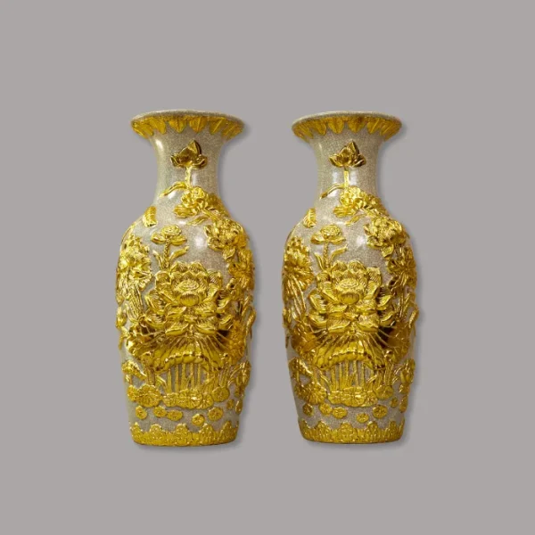 tiểu lộc bình sen men rạn dát vàng Bát Trang - Gốm Chín