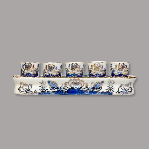 kỷ thẳng 5 chén men lam vẽ vàng Bát Tràng - Gốm Chín