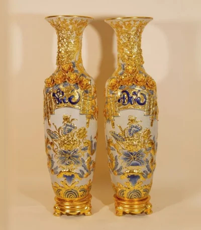 Cặp Lộc Bình Men Rạn Dát Vàng Phúc Đức Cửu Ngư Quần Hội