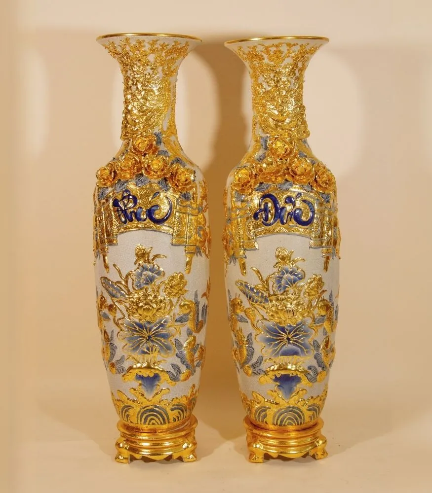 Cặp Lộc Bình Men Rạn Dát Vàng Phúc Đức Cửu Ngư Quần Hội