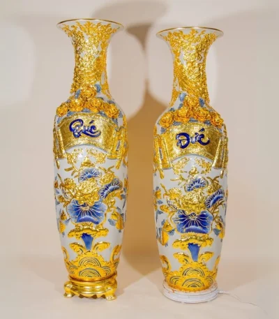 Cặp Lộc Bình Men Rạn Dát Vàng Phúc Đức Cửu Ngư Quần Hội