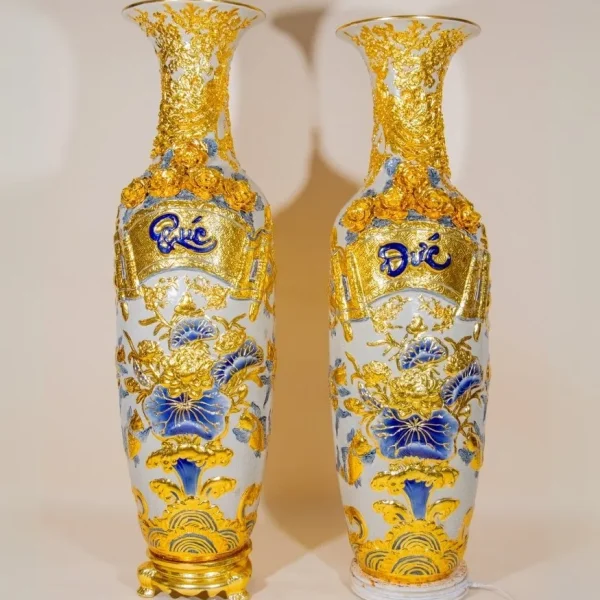 Cặp Lộc Bình Men Rạn Dát Vàng Phúc Đức Cửu Ngư Quần Hội