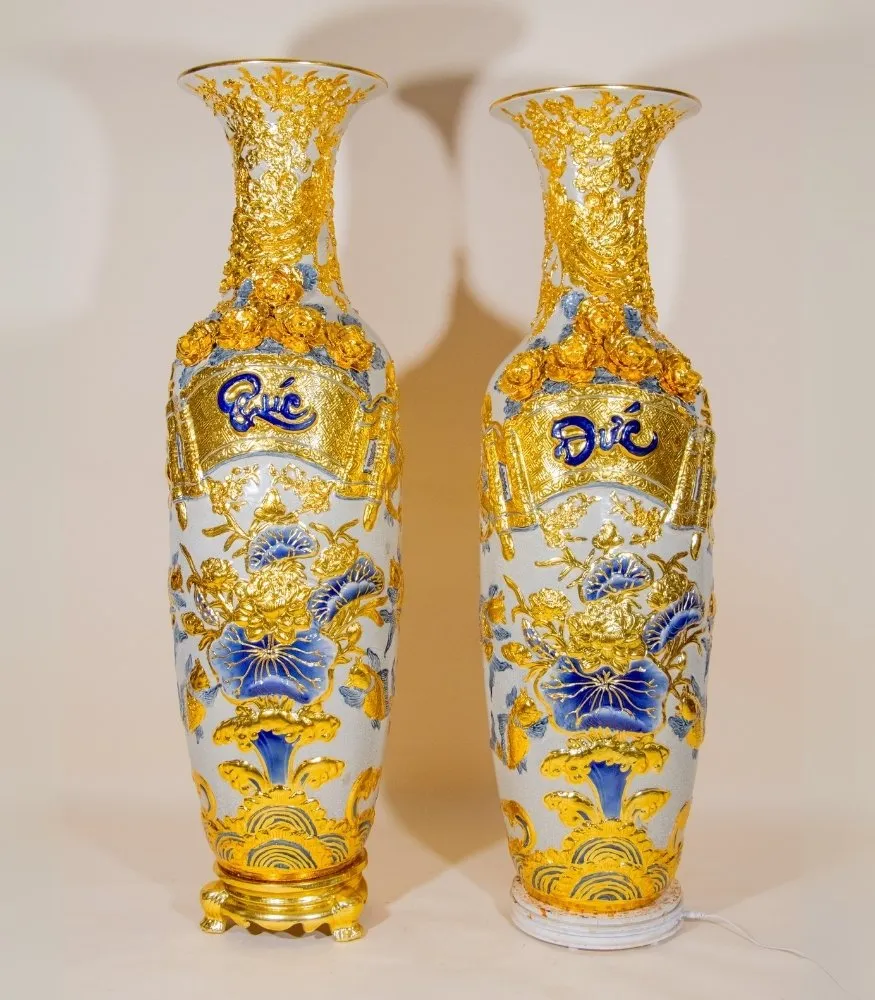 Cặp Lộc Bình Men Rạn Dát Vàng Phúc Đức Cửu Ngư Quần Hội