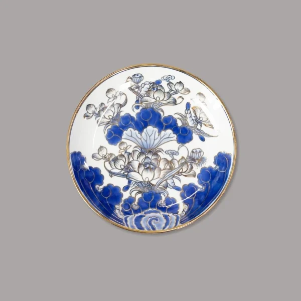 mâm bồng cao men lam vẽ vàng Bát Tràng - Gốm Chín