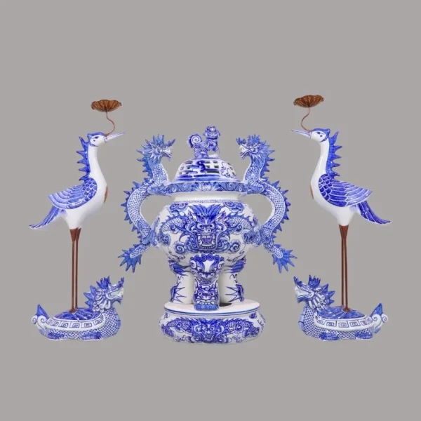 Đỉnh hạc men lam sứ khử Bát Tràng - Gốm Chín