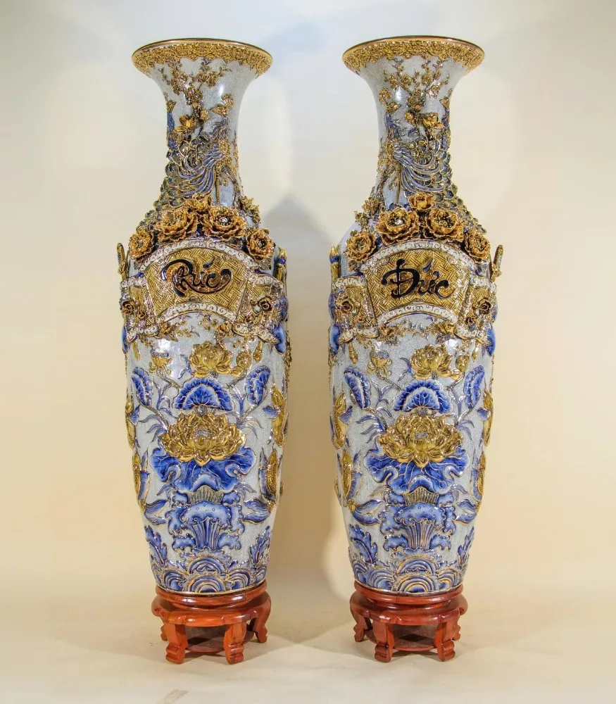 Cặp Lộc Bình Men Rạn Vẽ Vàng Phúc Đức Cửu Ngư Quần Hội