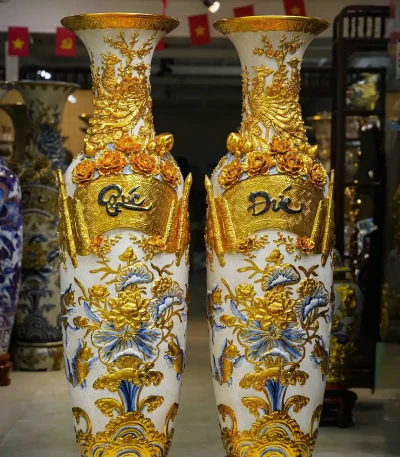 Cặp Lộc Bình Men Rạn Dát Vàng Phúc Đức Cửu Ngư Quần Hội
